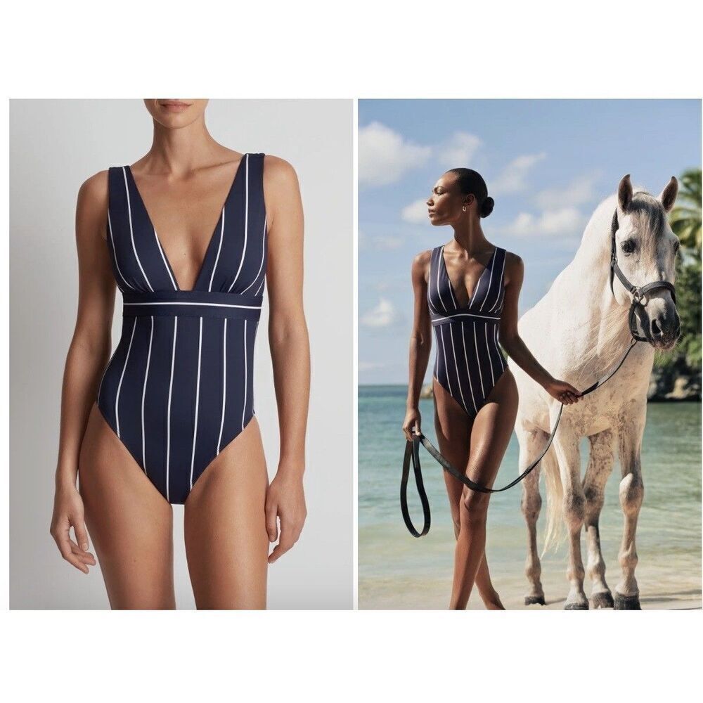 New $155 Lauren Ralph Lauren Banded Modern Plunge Neck One-Piece Swimsuit Sz. 12